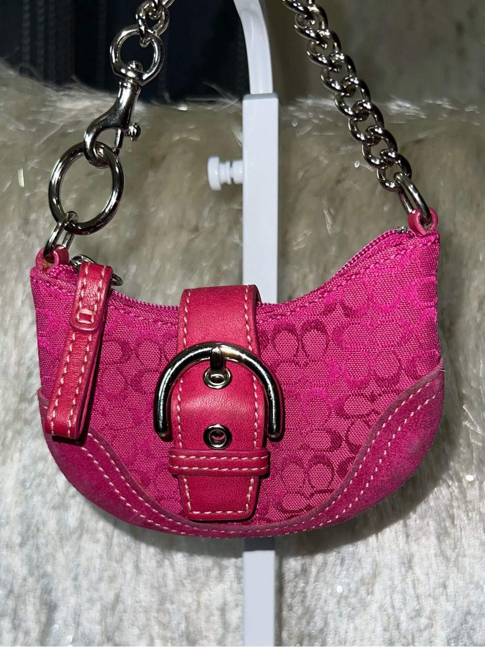 Coach Hot Pink Signature Mini SoHo Purse Charm with Silver Hardware